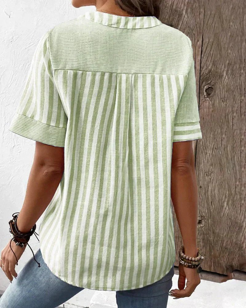 Women's Cotton Striped Blouse Half-Button Diagonal Design