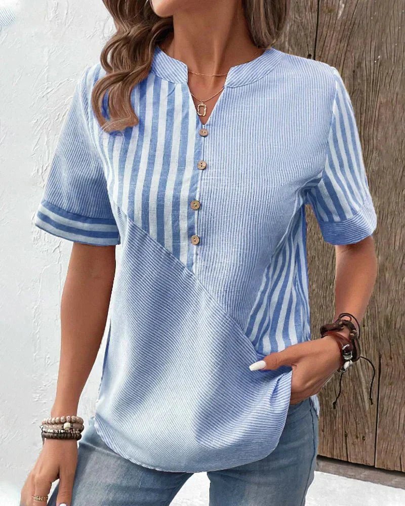 Women's Cotton Striped Blouse Half-Button Diagonal Design - Light Blue