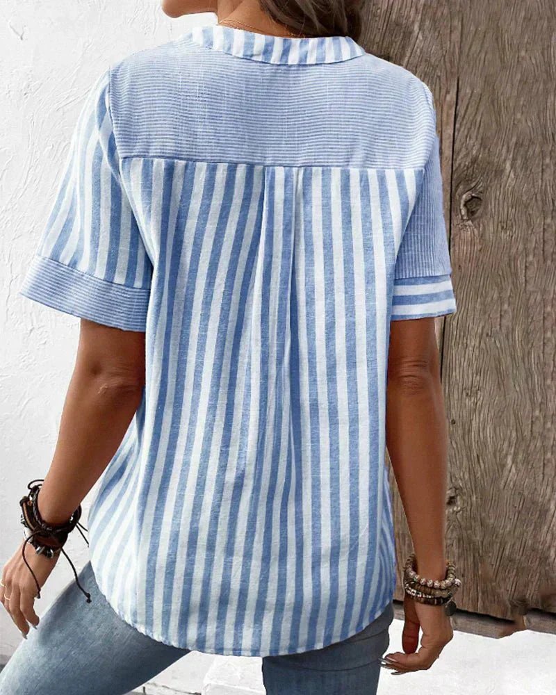 Women's Cotton Striped Blouse Half-Button Diagonal Design