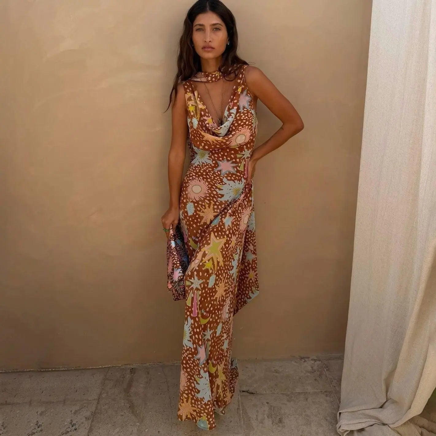 Women's Cowl Neck Halter Maxi Dress Detachable Scarf Print