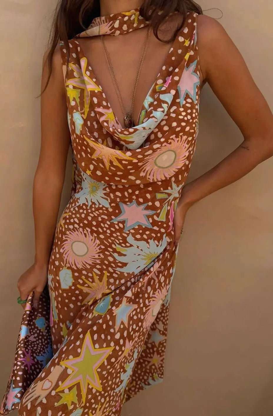 Women's Cowl Neck Halter Maxi Dress Detachable Scarf Print - Brown Fawn