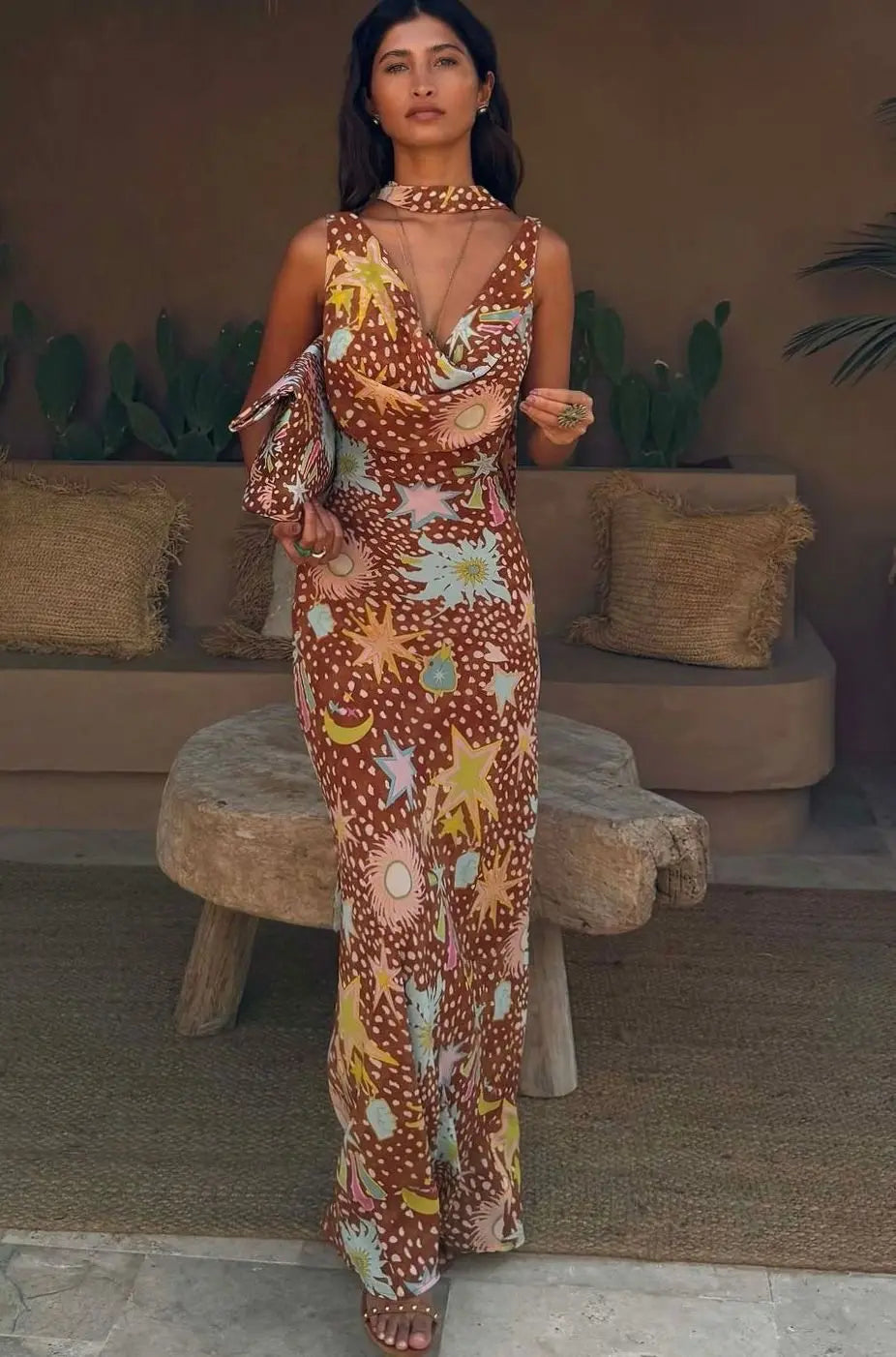 Women's Cowl Neck Halter Maxi Dress Detachable Scarf Print