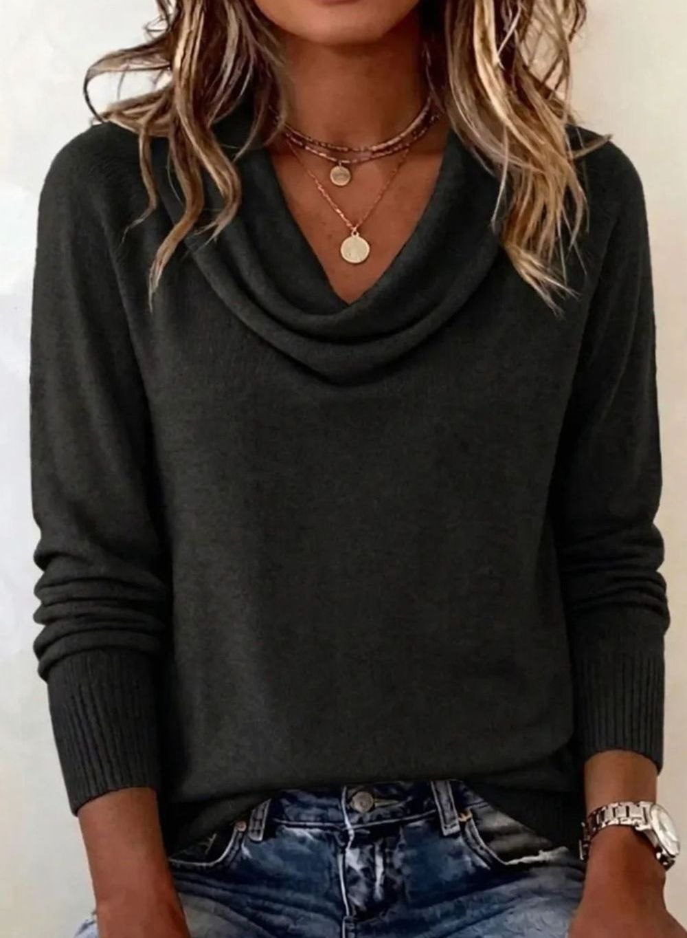 Women's Cowl Neck Long Sleeve Soft Knit Jumper - Black