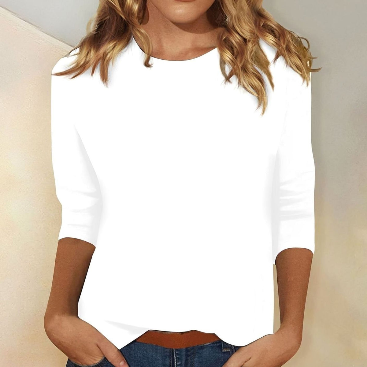 Women's Crew Neck 3/4 Sleeve Casual Everyday Top - White