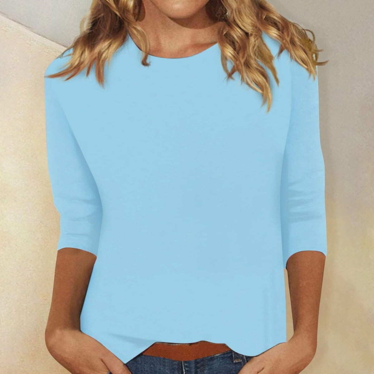 Women's Crew Neck 3/4 Sleeve Casual Everyday Top - Light Blue