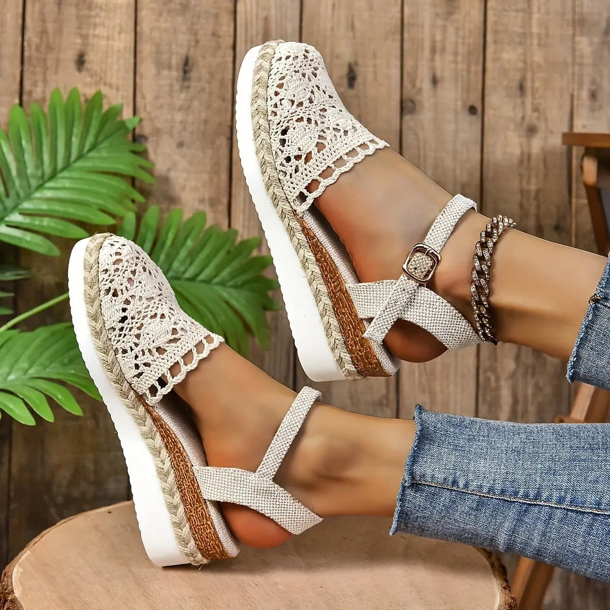 Women's Crochet Ankle-Strap Comfortable Sandals Espadrille Platform