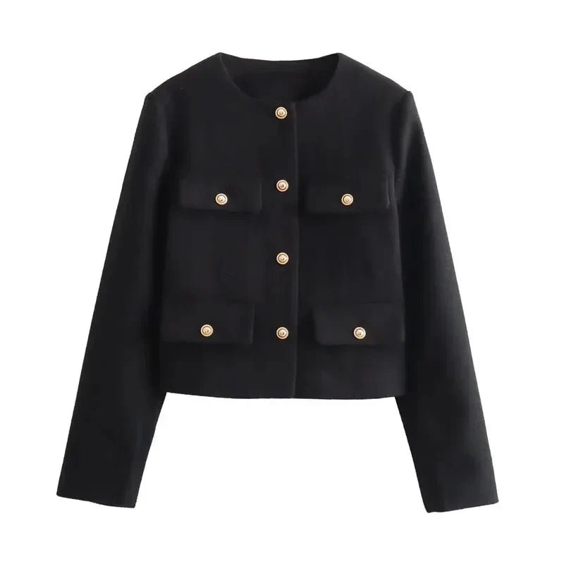 Women's Cropped Bomber Jacket Button Front Long Sleeve - Black