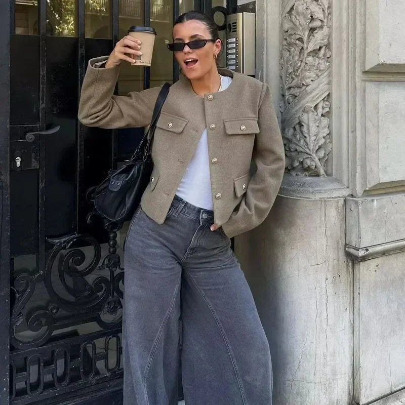 Women's Cropped Bomber Jacket Button Front Long Sleeve