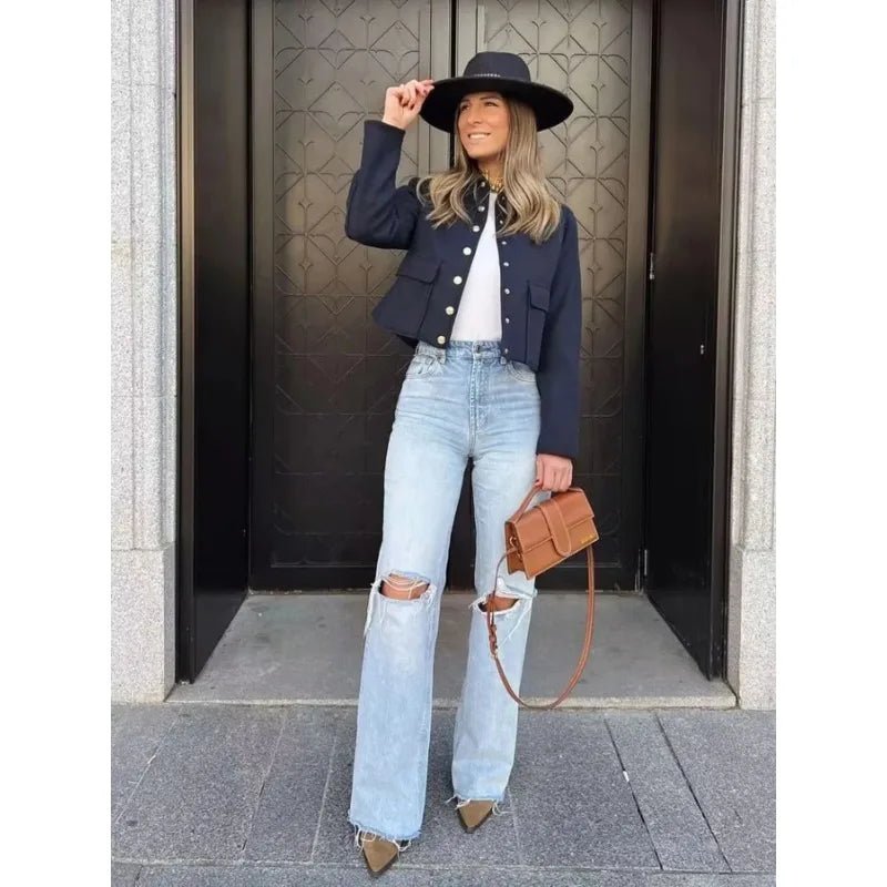Women's Cropped Bomber Jacket Button-Up Navy