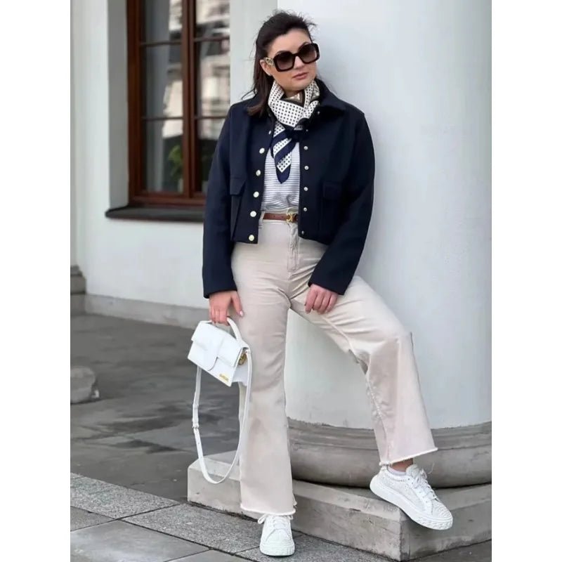 Women's Cropped Bomber Jacket Button-Up Navy