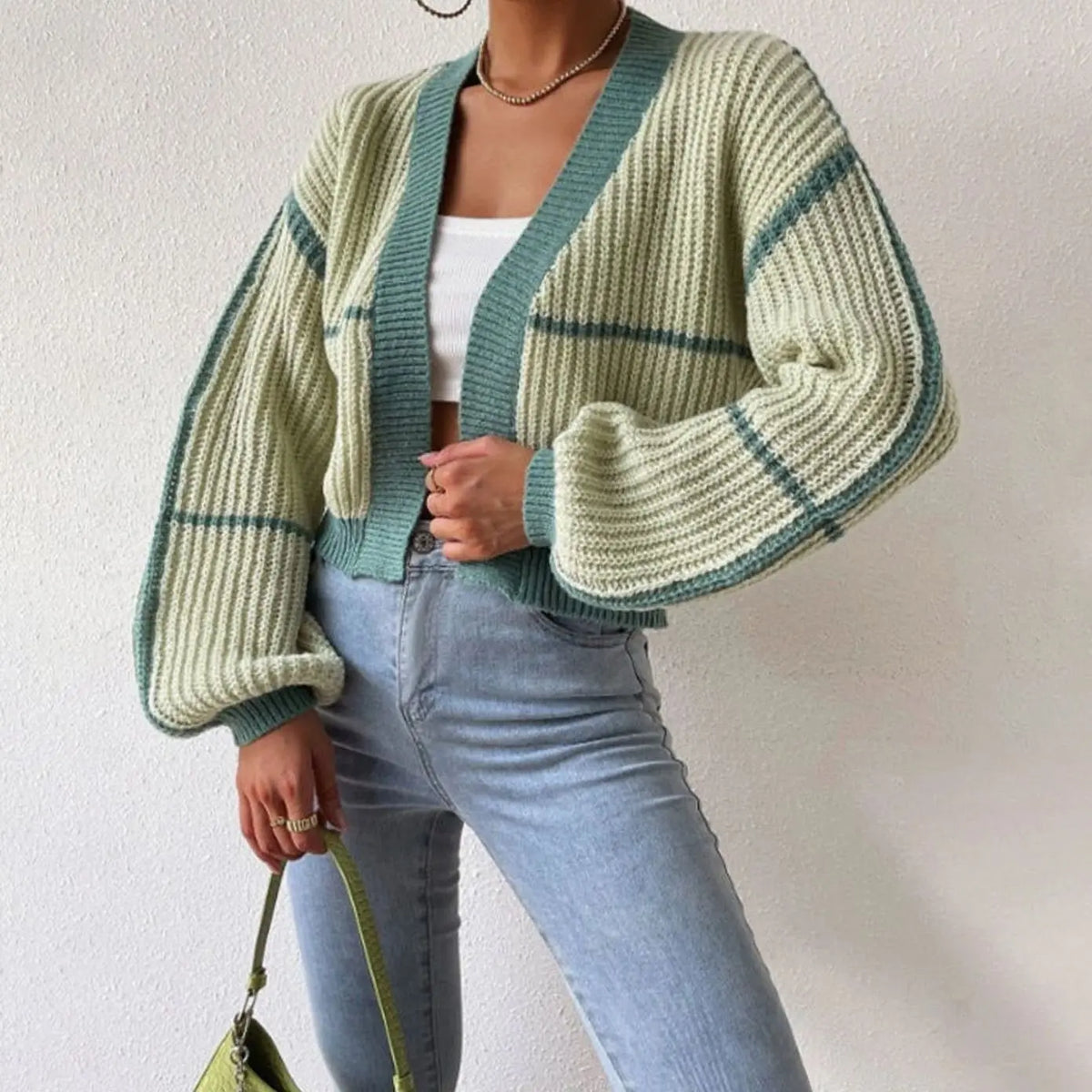 Women's Cropped Chunky Knit Cardigan Open Front Balloon Sleeve - Light Green