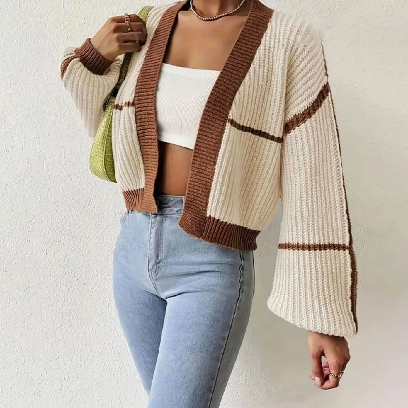 Women's Cropped Chunky Knit Cardigan Open Front Balloon Sleeve - Khaki