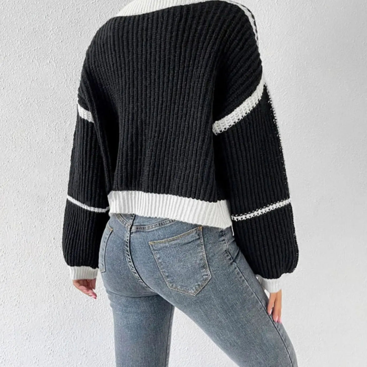 Women's Cropped Chunky Knit Cardigan Open Front Balloon Sleeve