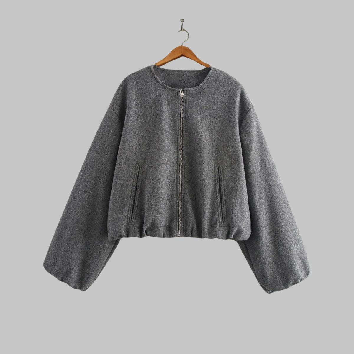 Women's Cropped Collarless Full-Zip Bomber Jacket - Grey