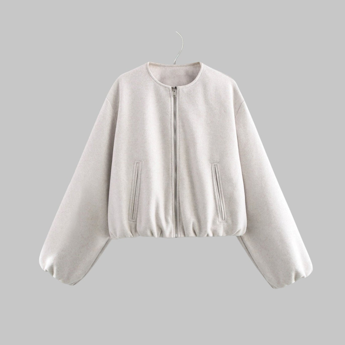 Women's Cropped Collarless Full-Zip Bomber Jacket - White