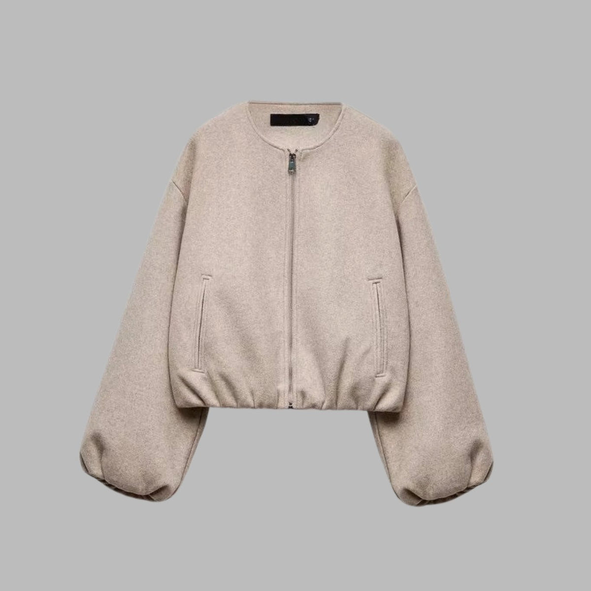 Women's Cropped Collarless Full-Zip Bomber Jacket - Khaki
