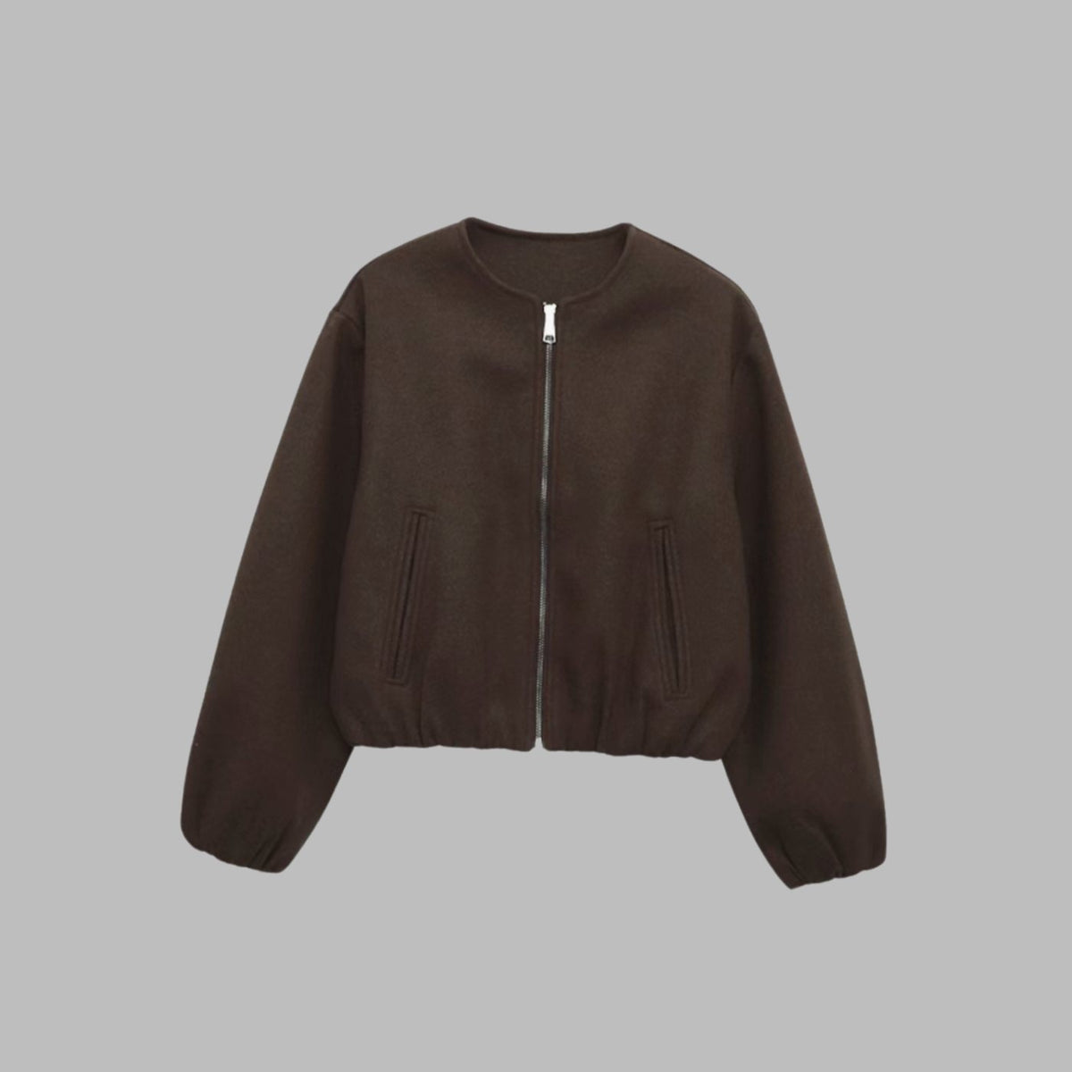 Women's Cropped Collarless Full-Zip Bomber Jacket - Brown