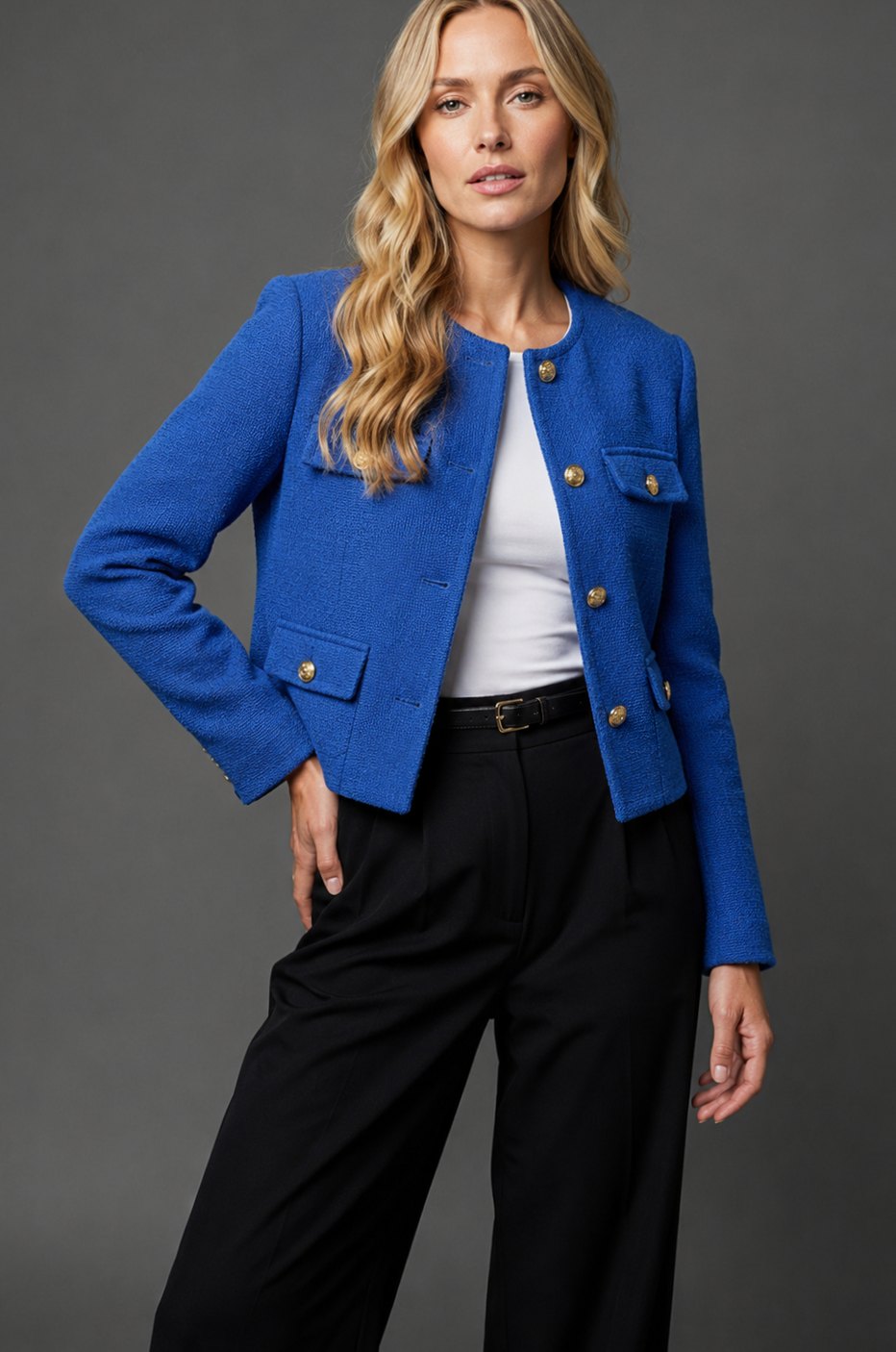 Women's Cropped Collarless Tweed Blazer Gold Button Flap Pockets - Blue