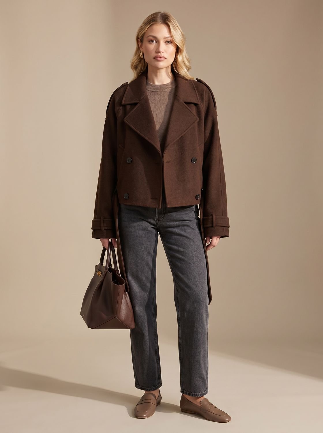 Women's Cropped Double-Breasted Wool Coat Epaulette Pea Coat