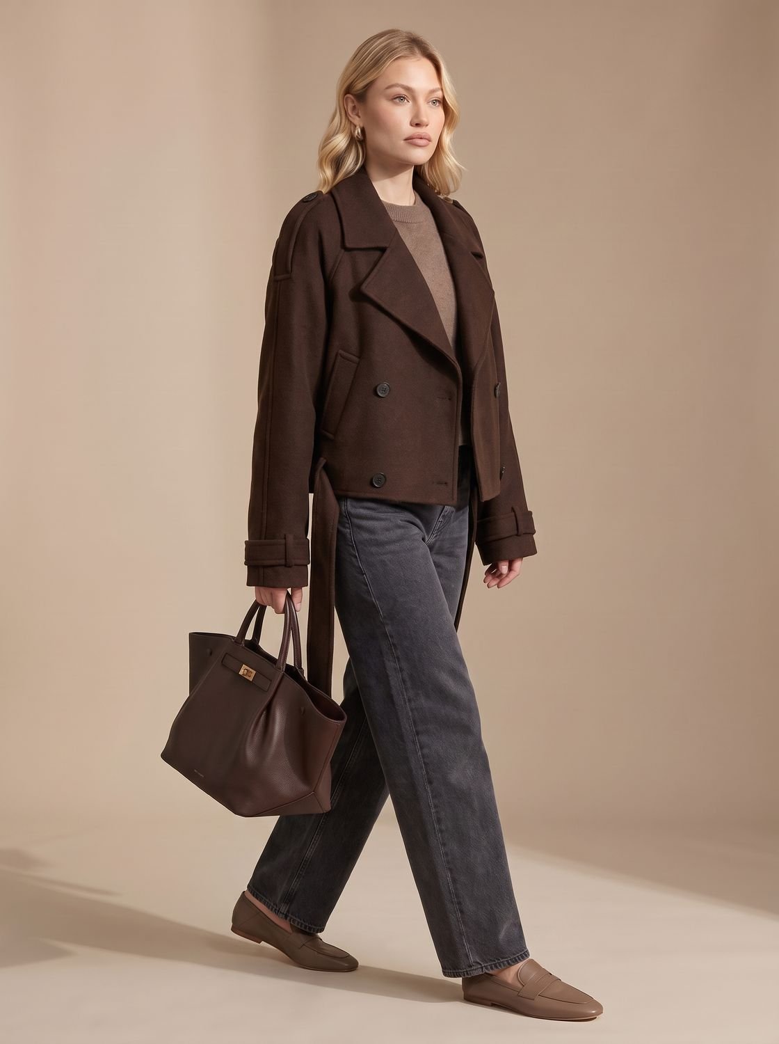 Women's Cropped Double-Breasted Wool Coat Epaulette Pea Coat