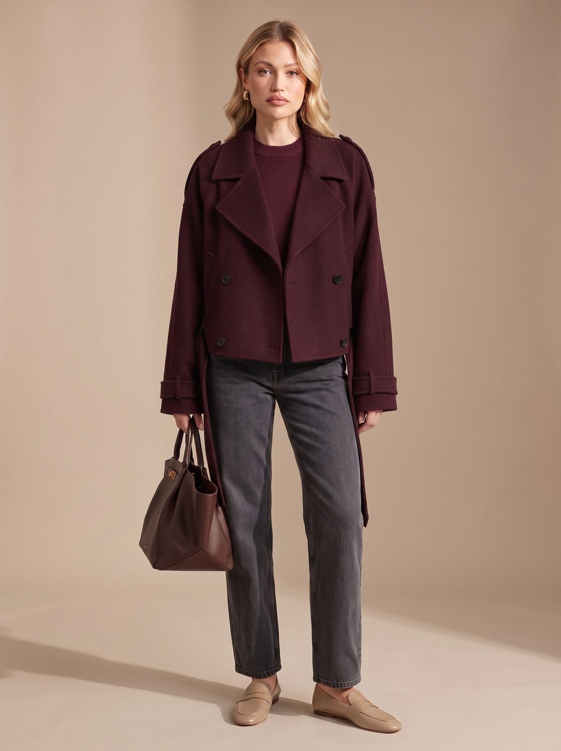 Women's Cropped Double-Breasted Wool Coat Epaulette Pea Coat - Wine Red