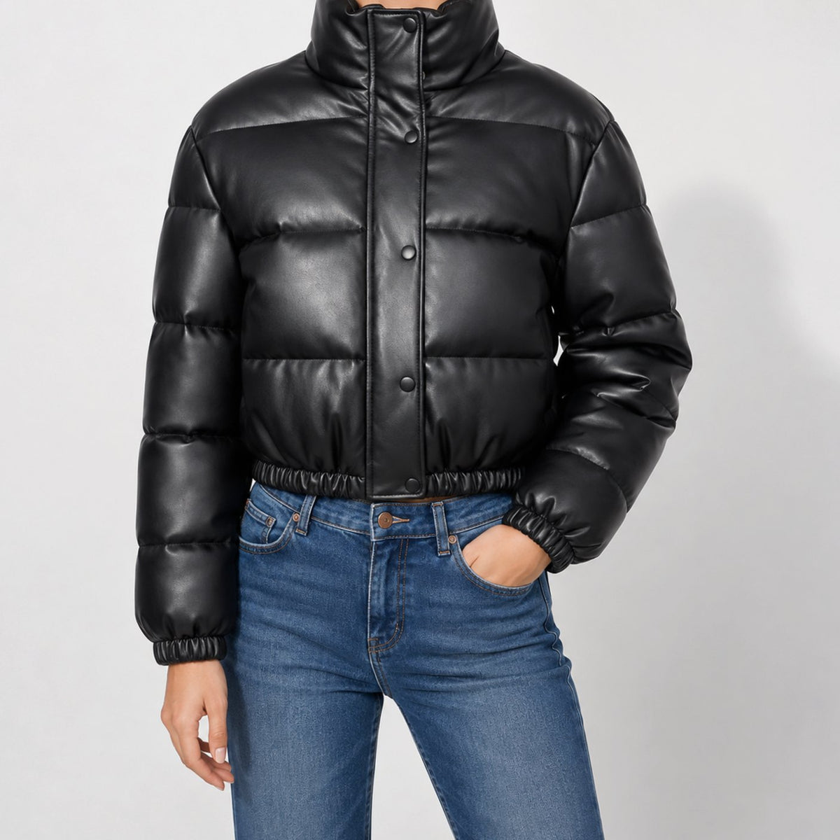 Women's Cropped Faux Leather Funnel-Neck Puffer Jacket
