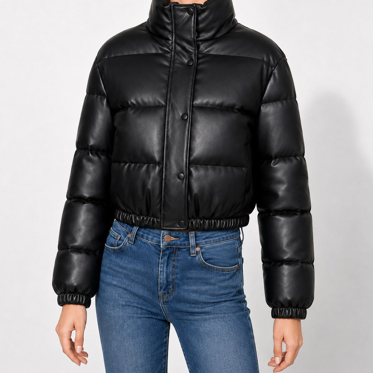 Women's Cropped Faux Leather Funnel-Neck Puffer Jacket - Black