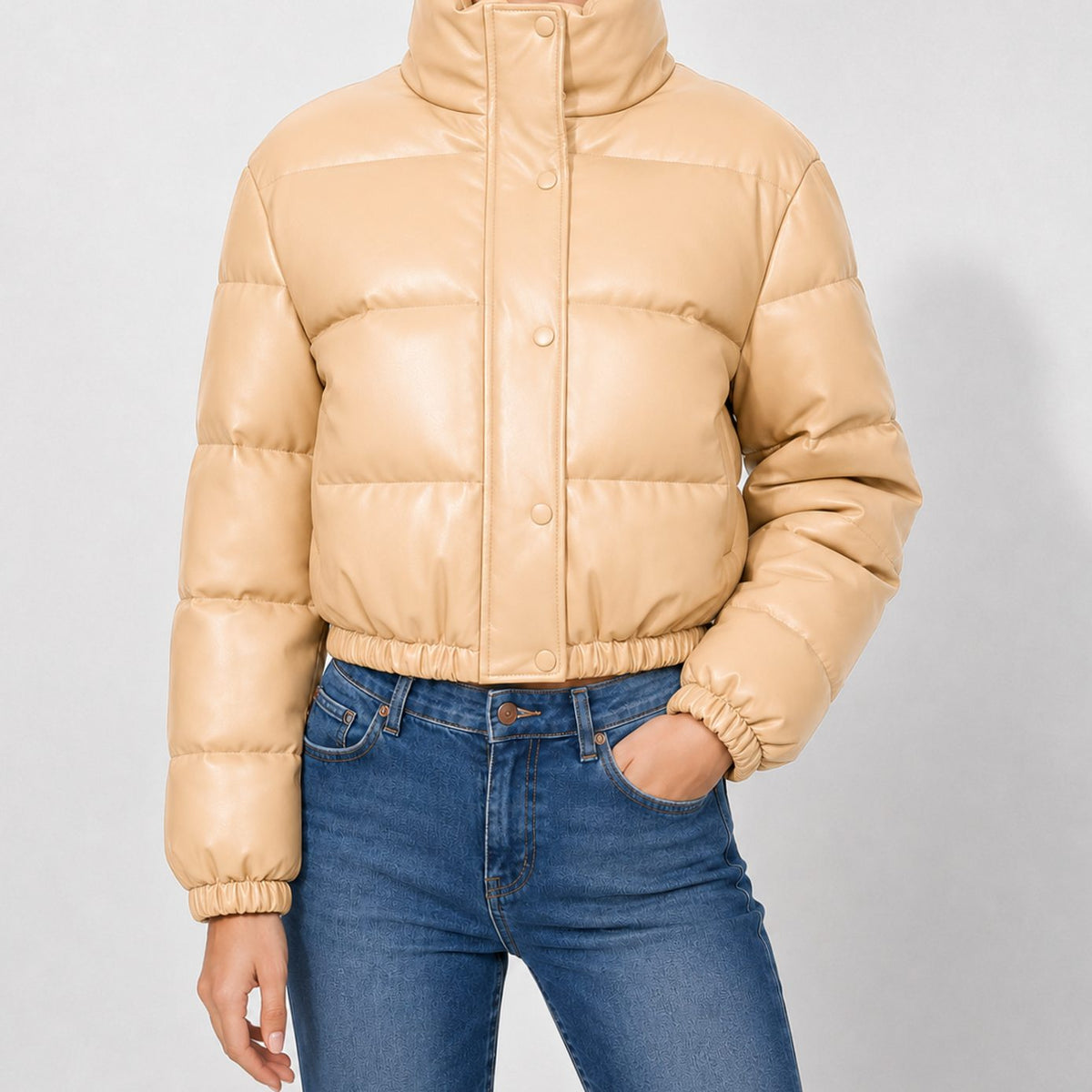 Women's Cropped Faux Leather Funnel-Neck Puffer Jacket - Sand