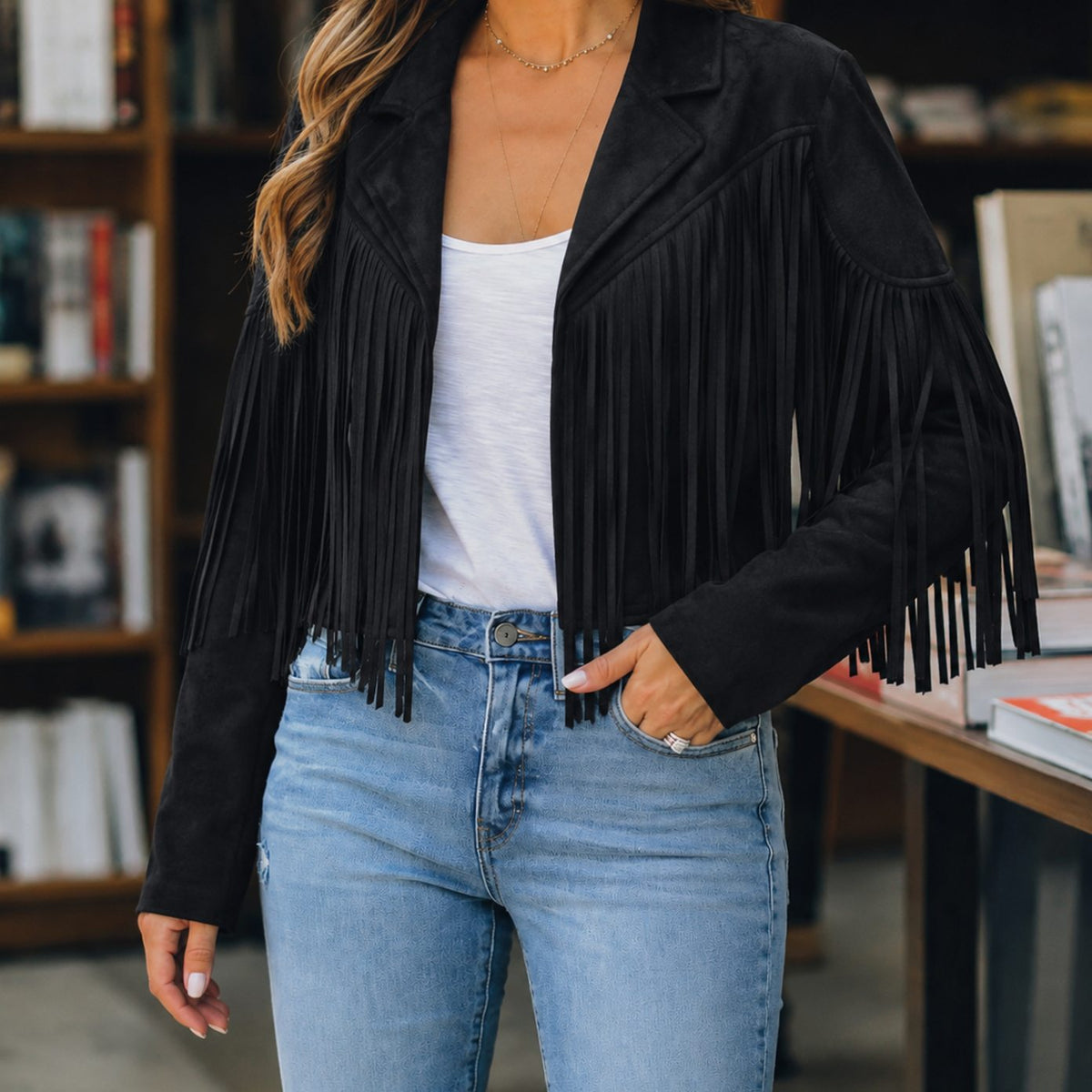 Women's Cropped Faux Suede Fringe Western Jacket - Black