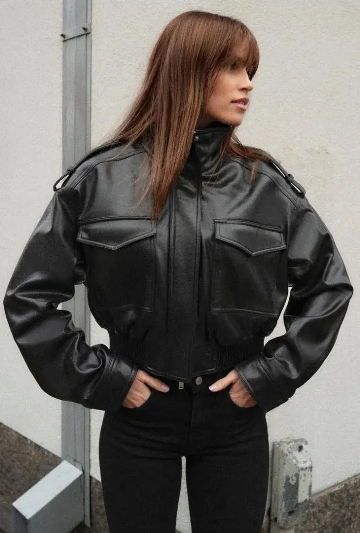 Women's Cropped Leather Look Jacket Zip Front Pockets - Black