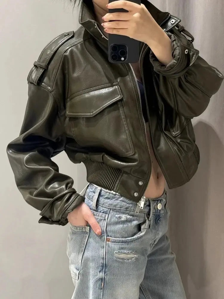 Women's Cropped Leather Look Jacket Zip Front Pockets