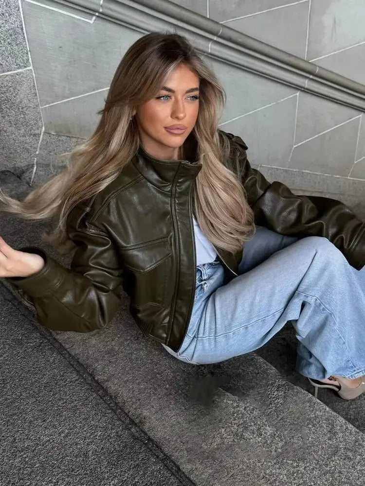 Women's Cropped Leather Look Jacket Zip Front Pockets
