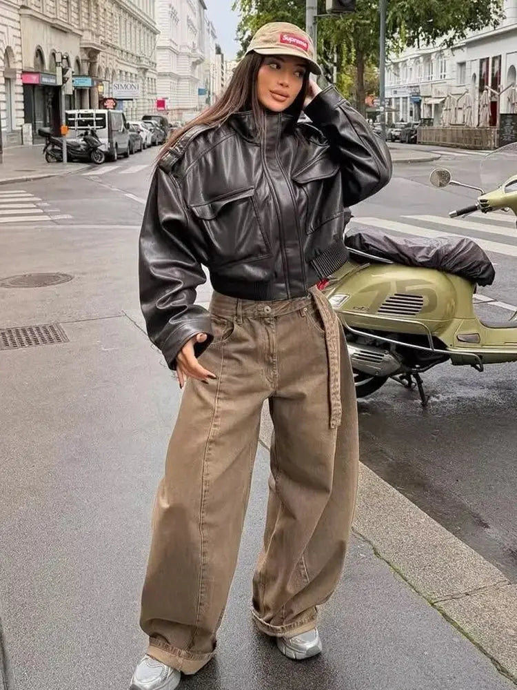 Women's Cropped Leather Look Jacket Zip Front Pockets