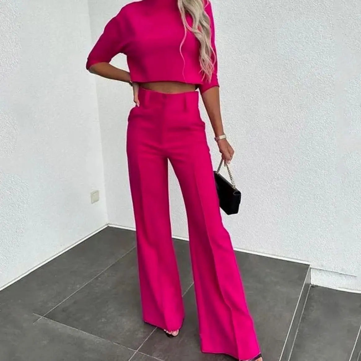 Women's Cropped Matching Top High-Waist Wide-Leg Trouser Two-Piece Set - Dark Pink