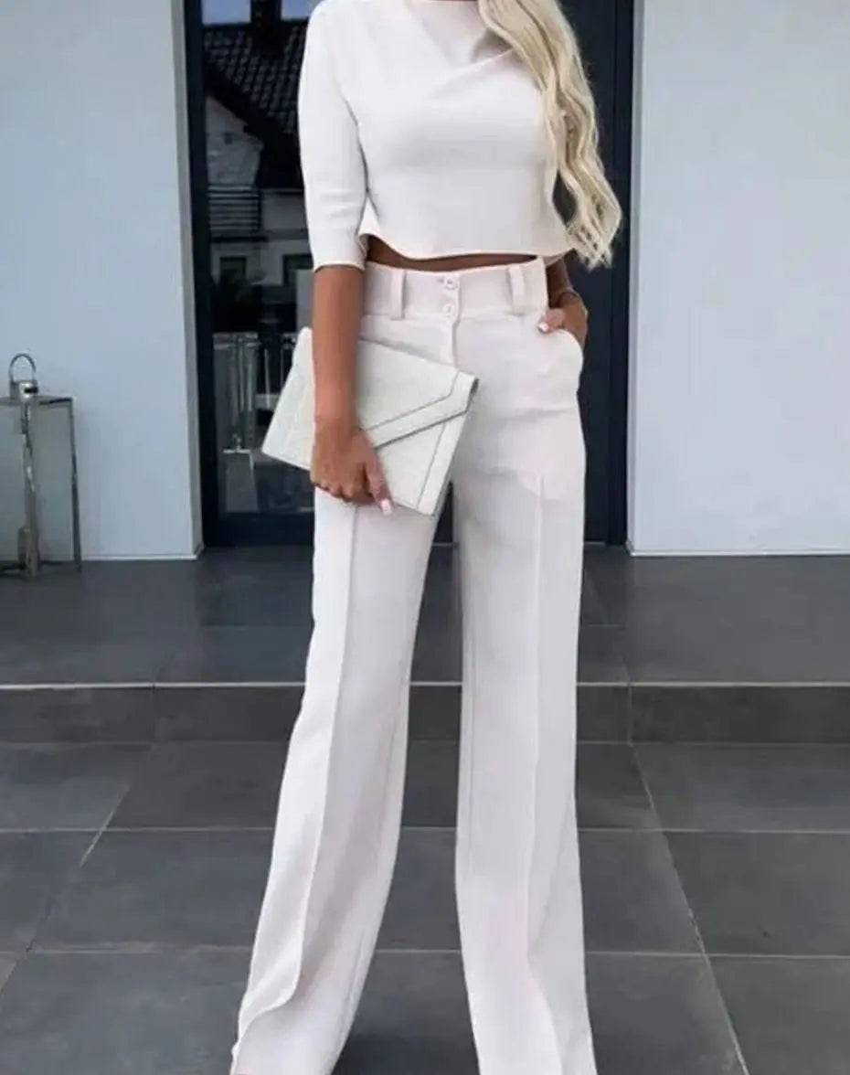 Women's Cropped Matching Top High-Waist Wide-Leg Trouser Two-Piece Set - White