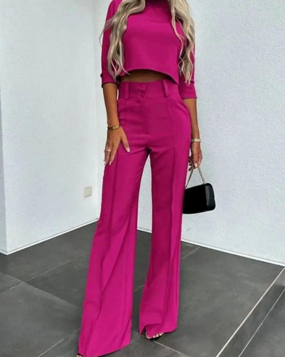 Women's Cropped Matching Top High-Waist Wide-Leg Trouser Two-Piece Set