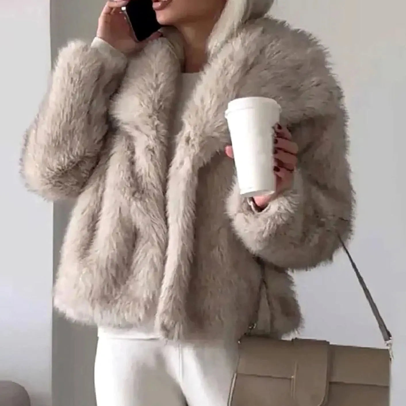 Women's Cropped Open-Front Faux Fur Winter Jacket - Light Brown