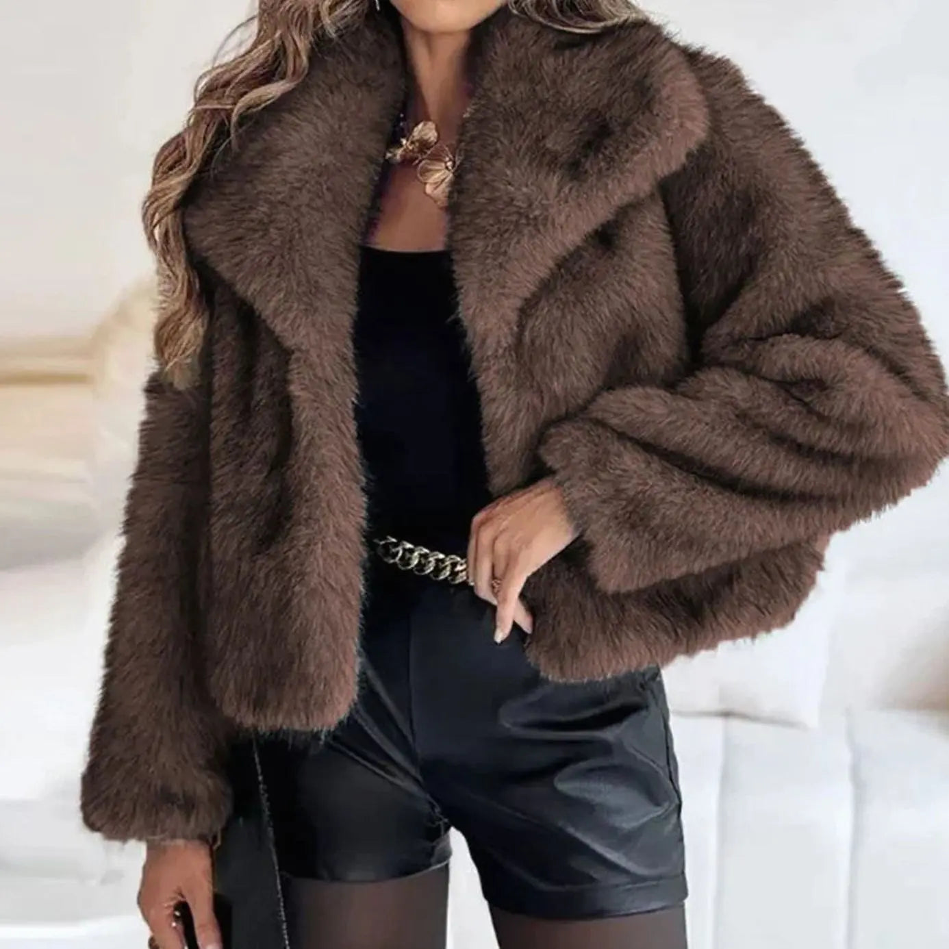 Women's Cropped Open-Front Faux Fur Winter Jacket - Brown
