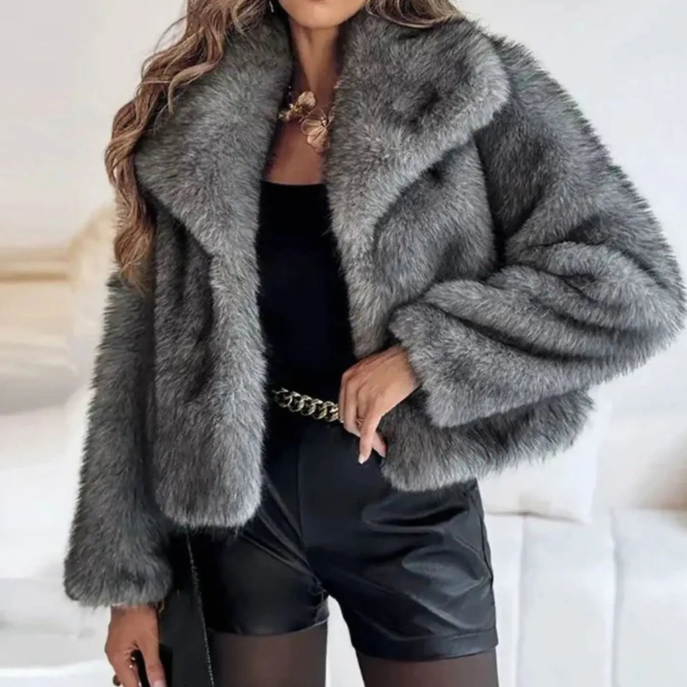 Women's Cropped Open-Front Faux Fur Winter Jacket - Dark Grey