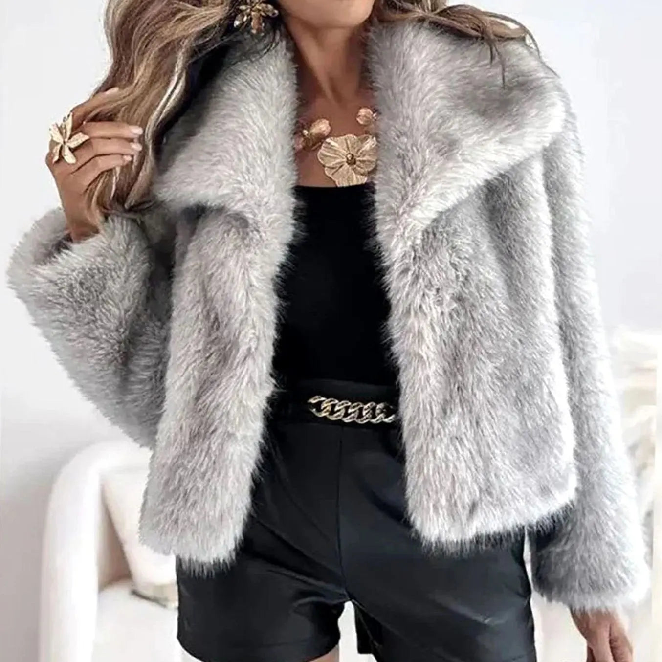 Women's Cropped Open-Front Faux Fur Winter Jacket - Grey