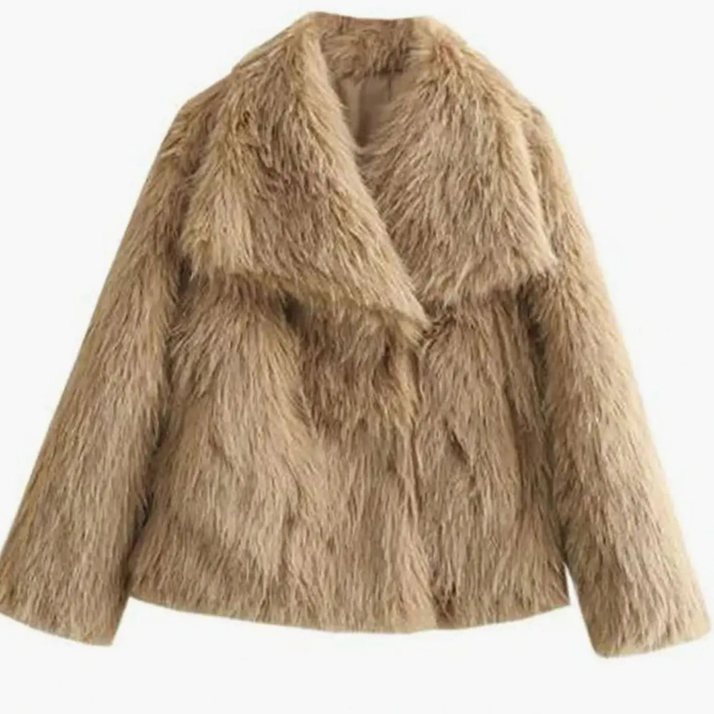 Women's Cropped Open-Front Faux Fur Winter Jacket - Beige