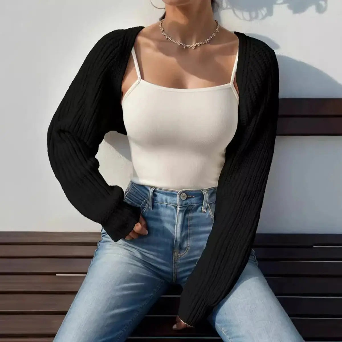 Women's Cropped Open-Front Ribbed Knit Jumper Shrug