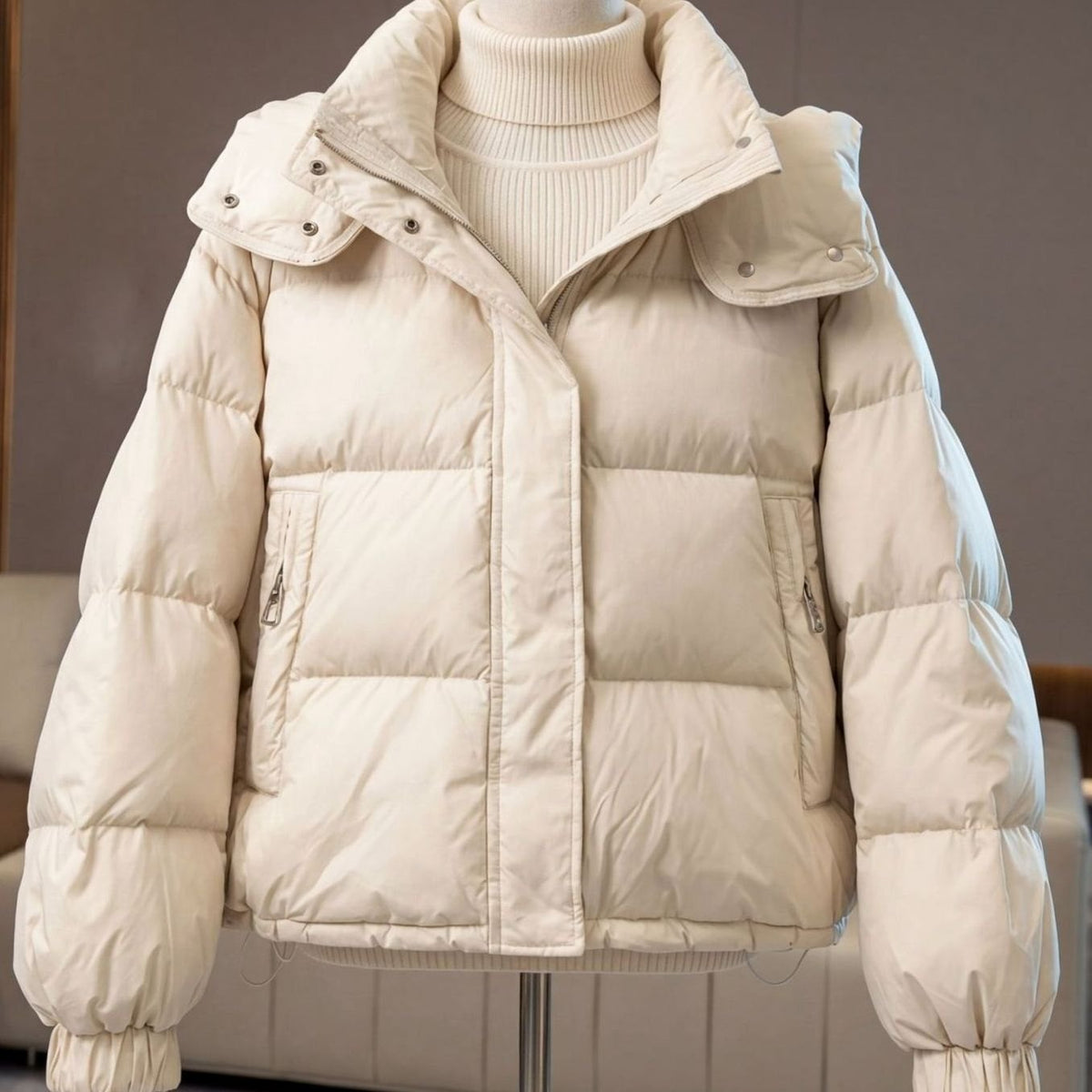 Women's Cropped Oversized Quilted Puffer Winter Coat - Cream