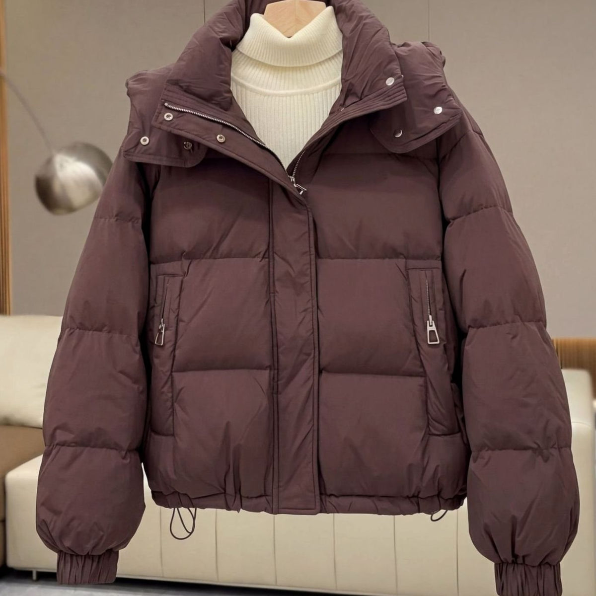 Women's Cropped Oversized Quilted Puffer Winter Coat - Brown