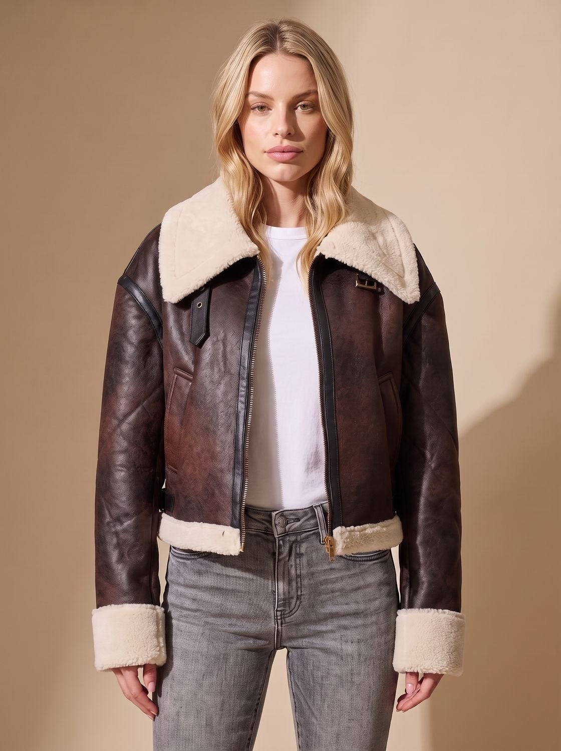 Women's Cropped Shearling-Trim Faux Leather Aviator Jacket - Brown