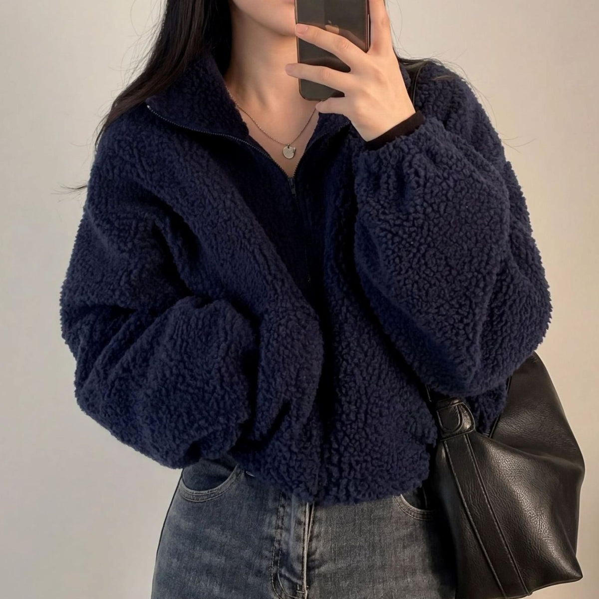 Women's Cropped Sherpa Fleece Zip-Up Winter Coat Jacket - Blue