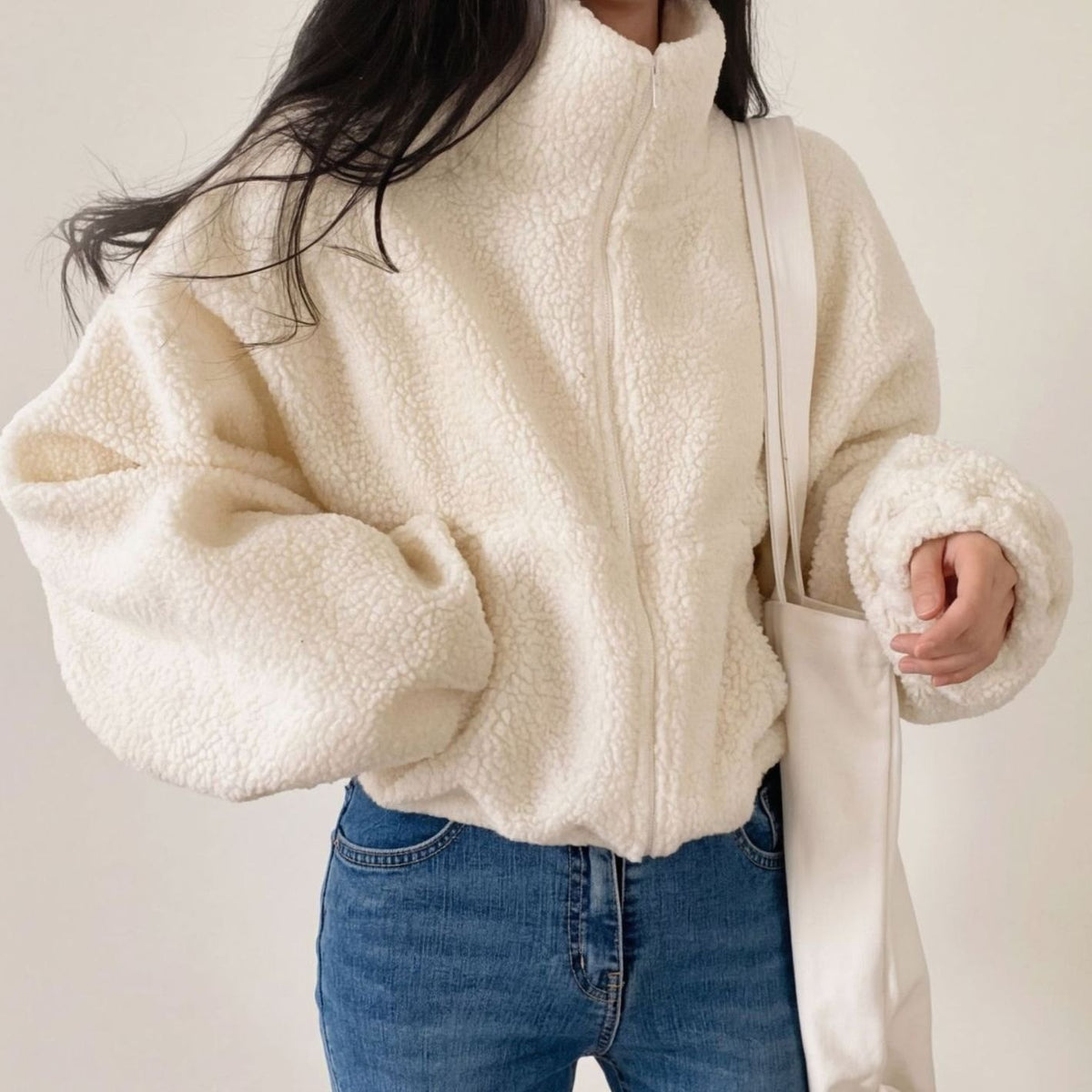 Women's Cropped Sherpa Fleece Zip-Up Winter Coat Jacket