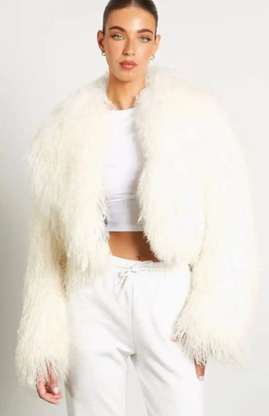 Women's Cropped Teddy-Style Faux Fur Coat Long Sleeves