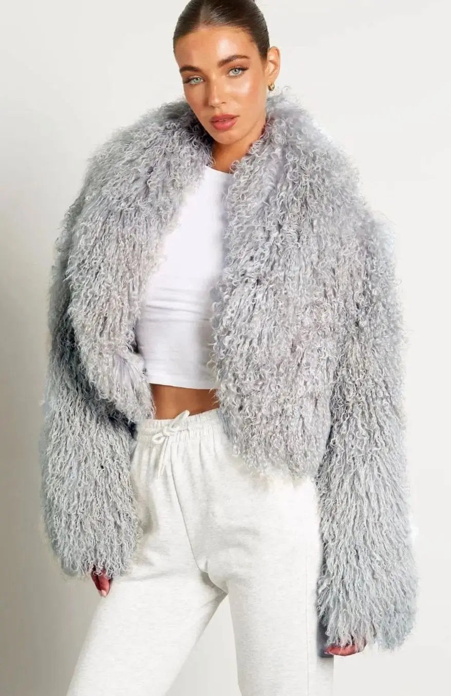 Women's Cropped Teddy-Style Faux Fur Coat Long Sleeves - Gray