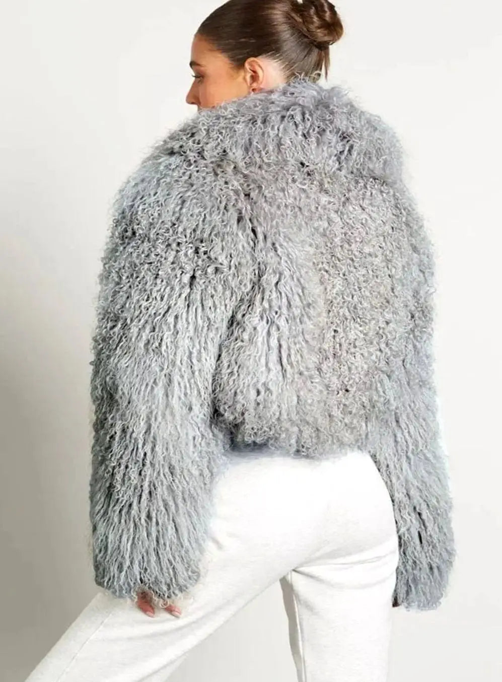 Women's Cropped Teddy-Style Faux Fur Coat Long Sleeves